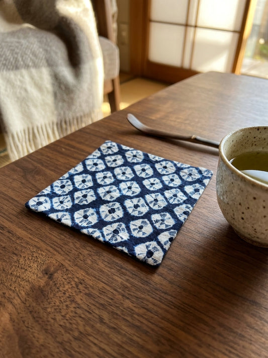 Arimatsu Shibori Indigo Coaster - Geometric White Pattern - Arimatsu shibori hand-dyed cotton coaster, indigo/white geometric