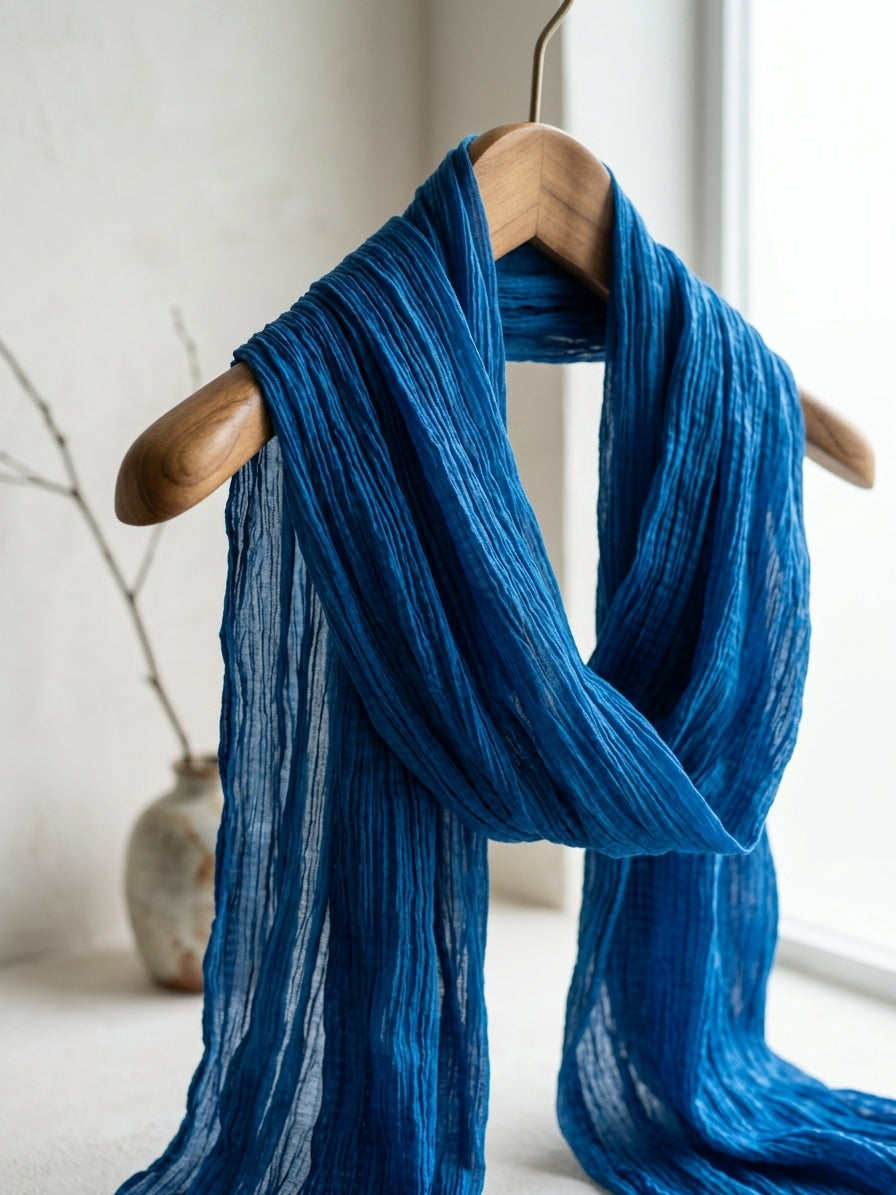 Arimatsu Shibori Pleated Scarf - Blue - Arimatsu shibori hand-dyed cotton scarf, blue pleated