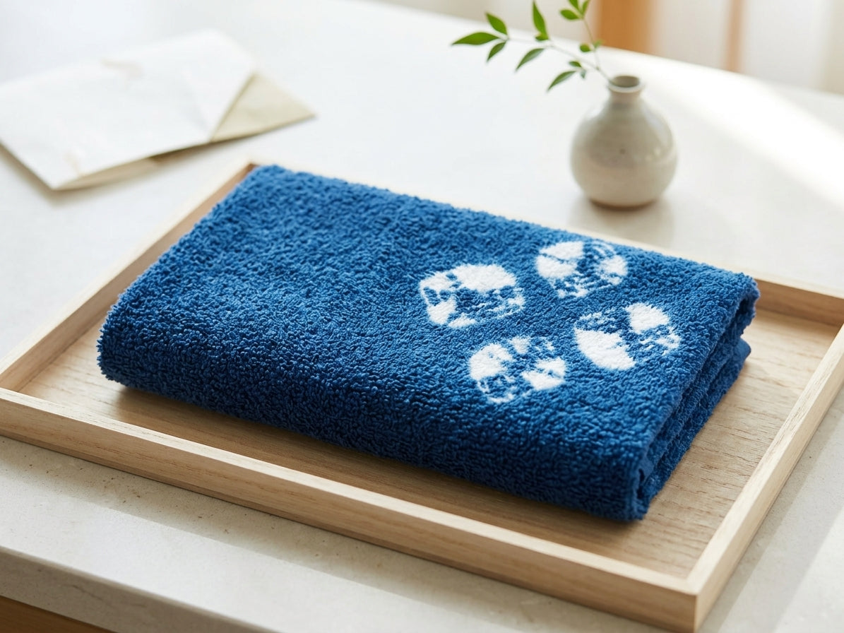 Arimatsu Shibori Mini Towel - Blue - Arimatsu shibori hand-dyed cotton mini-towel, blue with white motif
