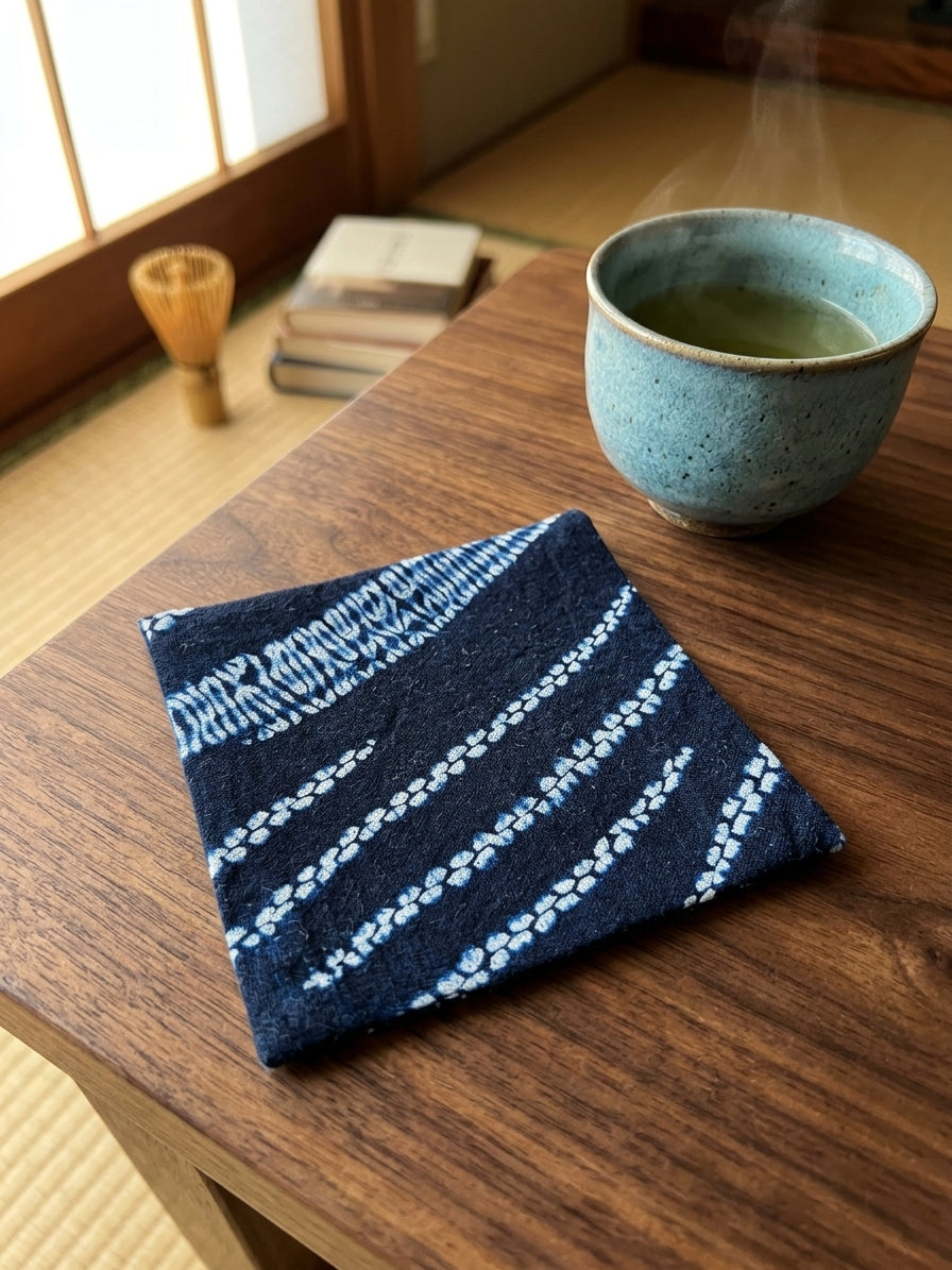 Arimatsu Shibori Indigo Coaster - Diagonal White Stripe - Arimatsu shibori hand-dyed cotton coaster, indigo/white diagonal stripe